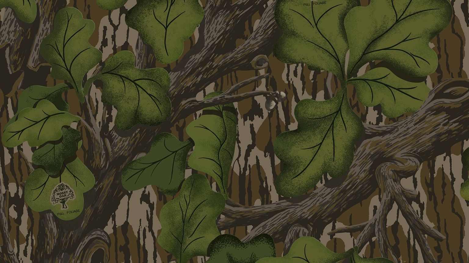 Illustration of green leaves and dark brown tree branches with a bark-textured background in neutral shades.