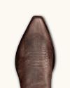 Close-up view of the pointed toe of a brown leather cowboy boot, showing detailed stitching and textured leather.