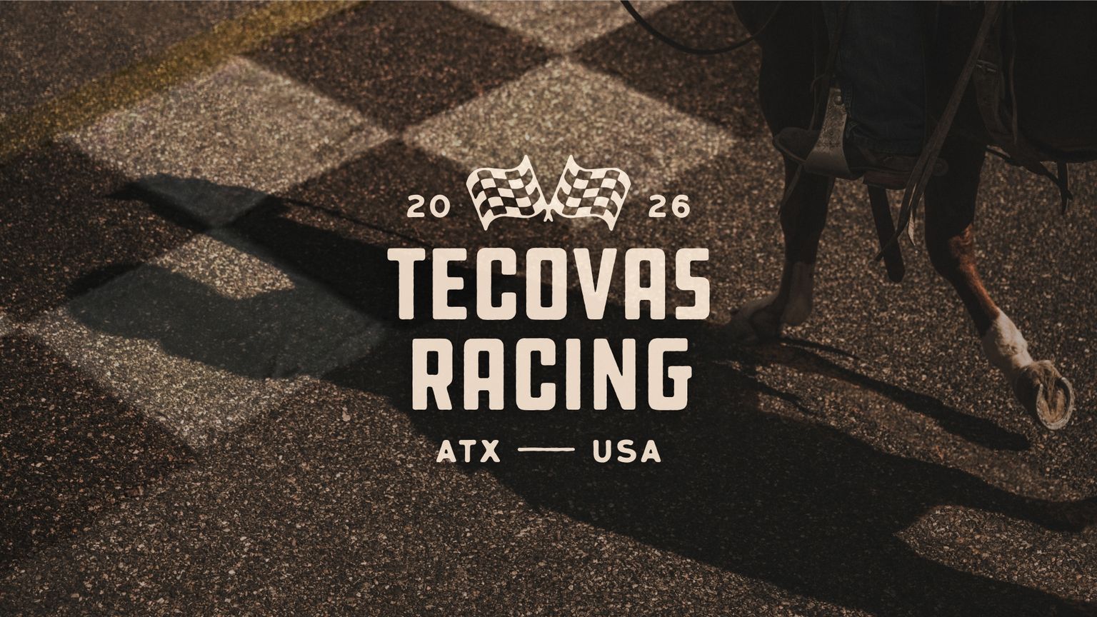 A street view of a racing finish line with the text "2026 Tecovas Racing ATX USA" overlaid; a horse and rider's shadow are visible crossing the line.
