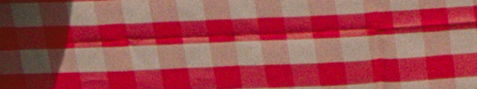 Red and white checkered fabric with horizontal and vertical stripes, creating a simple plaid pattern.