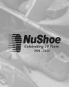 NuShoe 30th anniversary logo over a background of shoe lasts, with the text "Celebrating 30 Years 1994-2024.