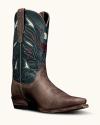 A single brown leather cowboy boot with a square toe, dark blue upper shaft, decorative stitching, and pull tabs, shown on a plain background.