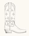 A black and white sketch of a cowboy boot with decorative floral patterns on the shaft and a low, angled heel.