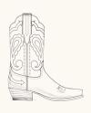 Woman in a red dress and cowboy hat sits on a wooden block, wearing brown cowboy boots with white decorative patterns.