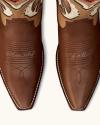 A pair of brown cowboy boots with "Howdy" stitched on the left toe and "Y'all" stitched on the right toe, featuring decorative patterns.