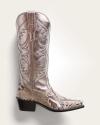 A metallic silver cowboy boot with decorative stitching on the shaft and a snakeskin-textured lower section, angled against a light background.