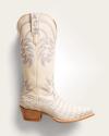 A single white western cowboy boot with embossed patterns, light gray decorative stitching, a pointed toe, and a light brown wooden heel.