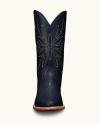 Front view of a tall, dark blue cowboy boot with white decorative stitching and a brown sole, displayed against a plain background.