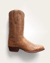 Tan cowboy boot with a smooth leather upper, stitched pattern on the shaft, and a textured, snakeskin-style lower section, shown in side view against a plain light background.