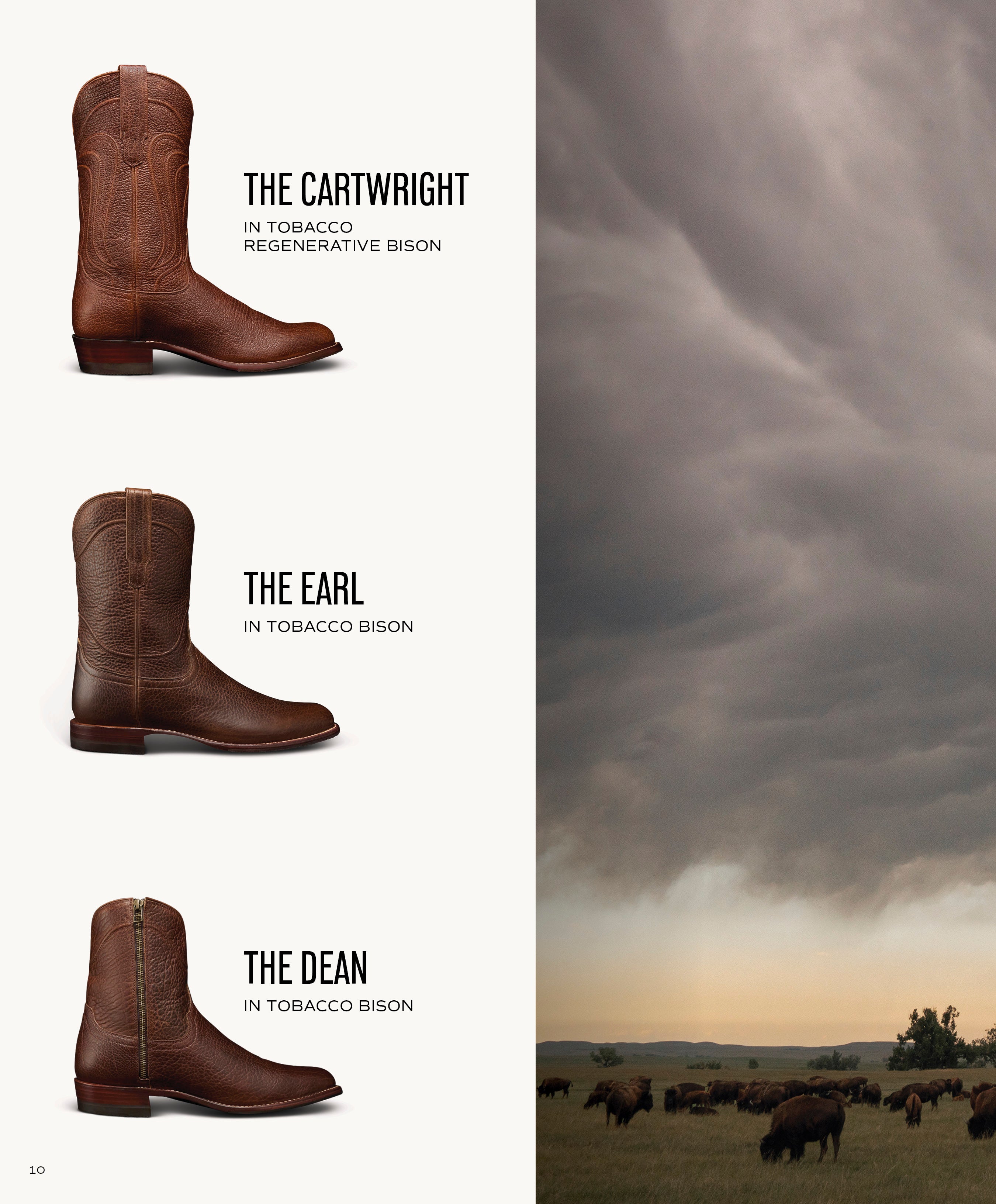 A triptych showing three men's boot styles in brown bison leather: THE CARTWRIGHT IN TOBACCO REGENERATIVE BISON, THE EARL IN TOBACCO BISON, and THE DEAN IN TOBACCO BISON. The background features a herd of bison under a stormy sky.