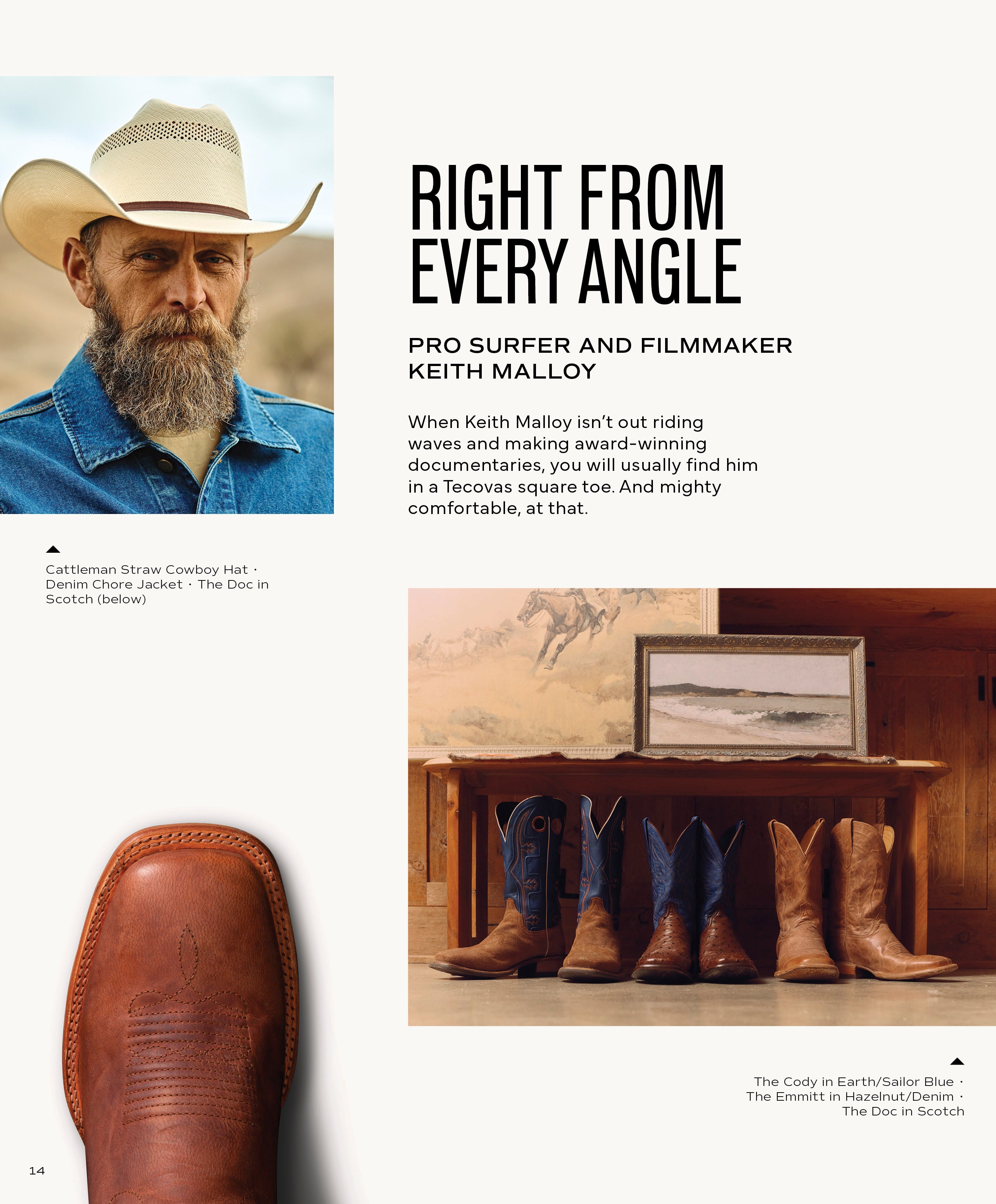 A portrait of Pro Surfer and Filmmaker Keith Malloy in a straw cowboy hat and denim shirt; below, a display of boots including The Cody in Earth/Sailor Blue and The Emmett in Hazelnut/Denim, with a close-up of a square toe in the lower left.