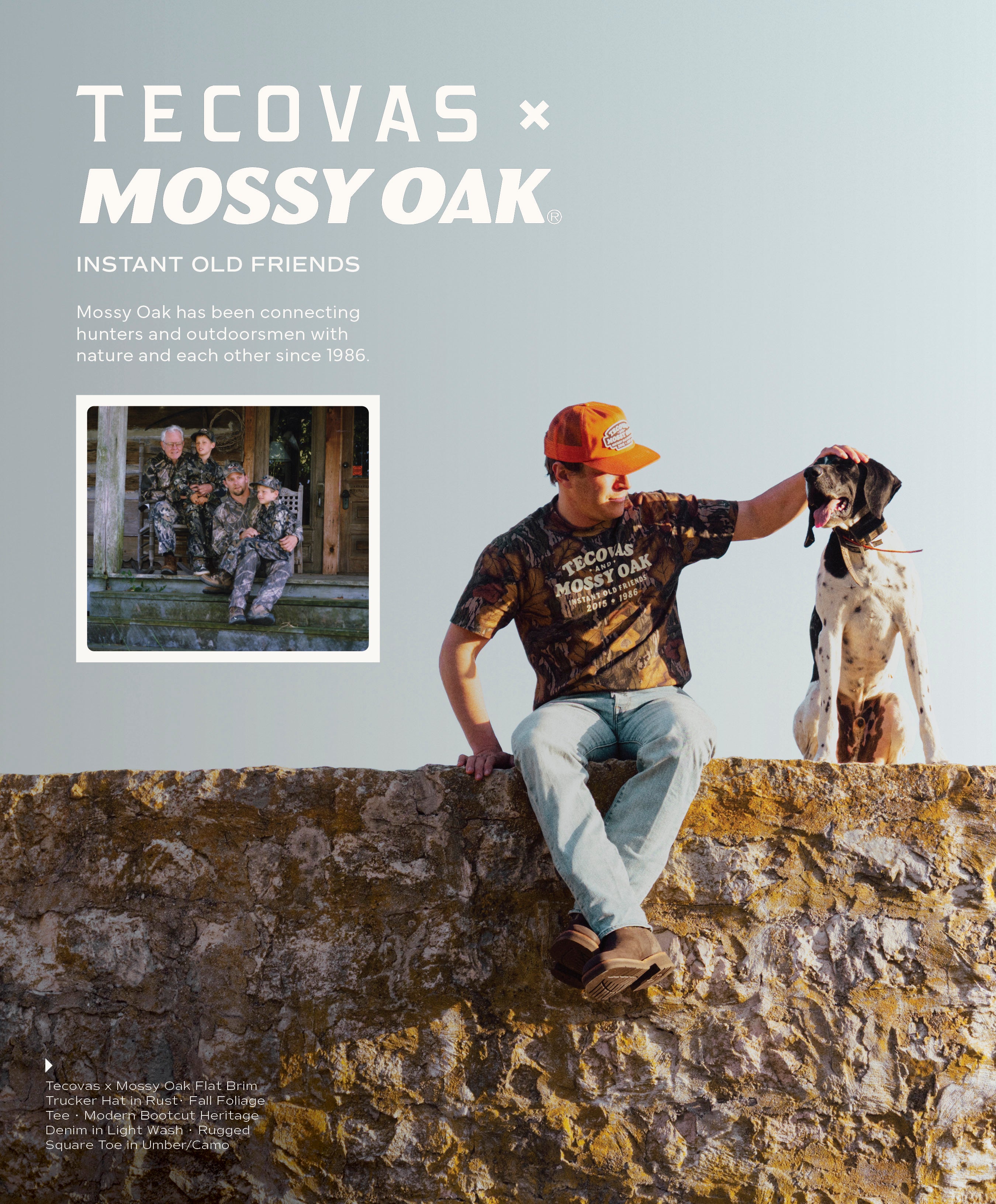 A man sitting on a stone wall with a pointing dog, wearing a Mossy Oak hat, graphic t-shirt, light blue jeans, and boots; inset shows a family in older Mossy Oak camouflage clothing. Text reads: 'TECOVAS x MOSSY OAK INSTANT OLD FRIENDS.'