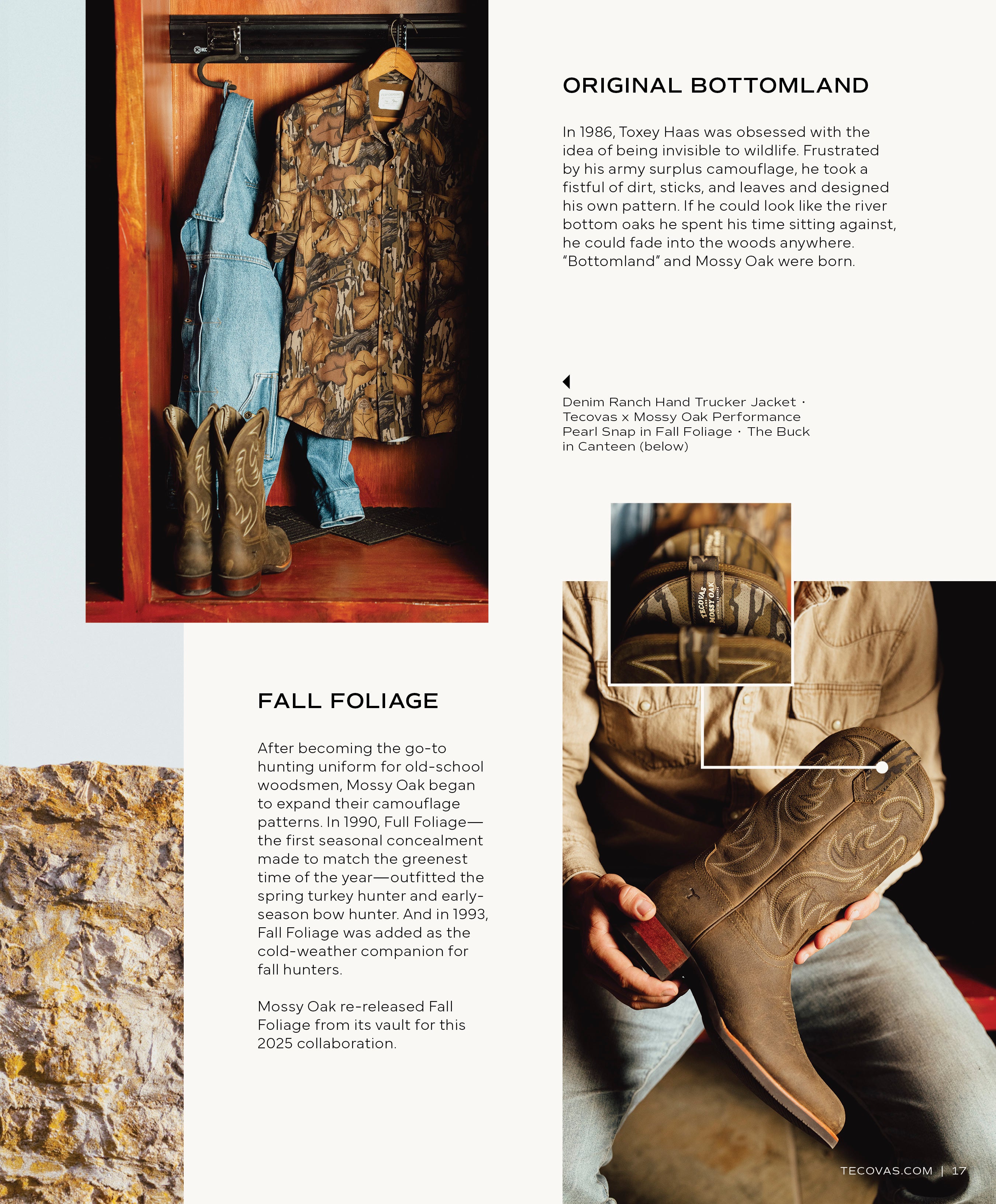 A Mossy Oak camouflage pearl snap shirt and a denim jacket hanging in a rustic wooden closet beside brown boots; below, a close-up of a hand holding a Mossy Oak The Buck boot in dark brown leather. Text discusses 'ORIGINAL BOTTOMLAND' and 'FALL FOLIAGE' patterns.