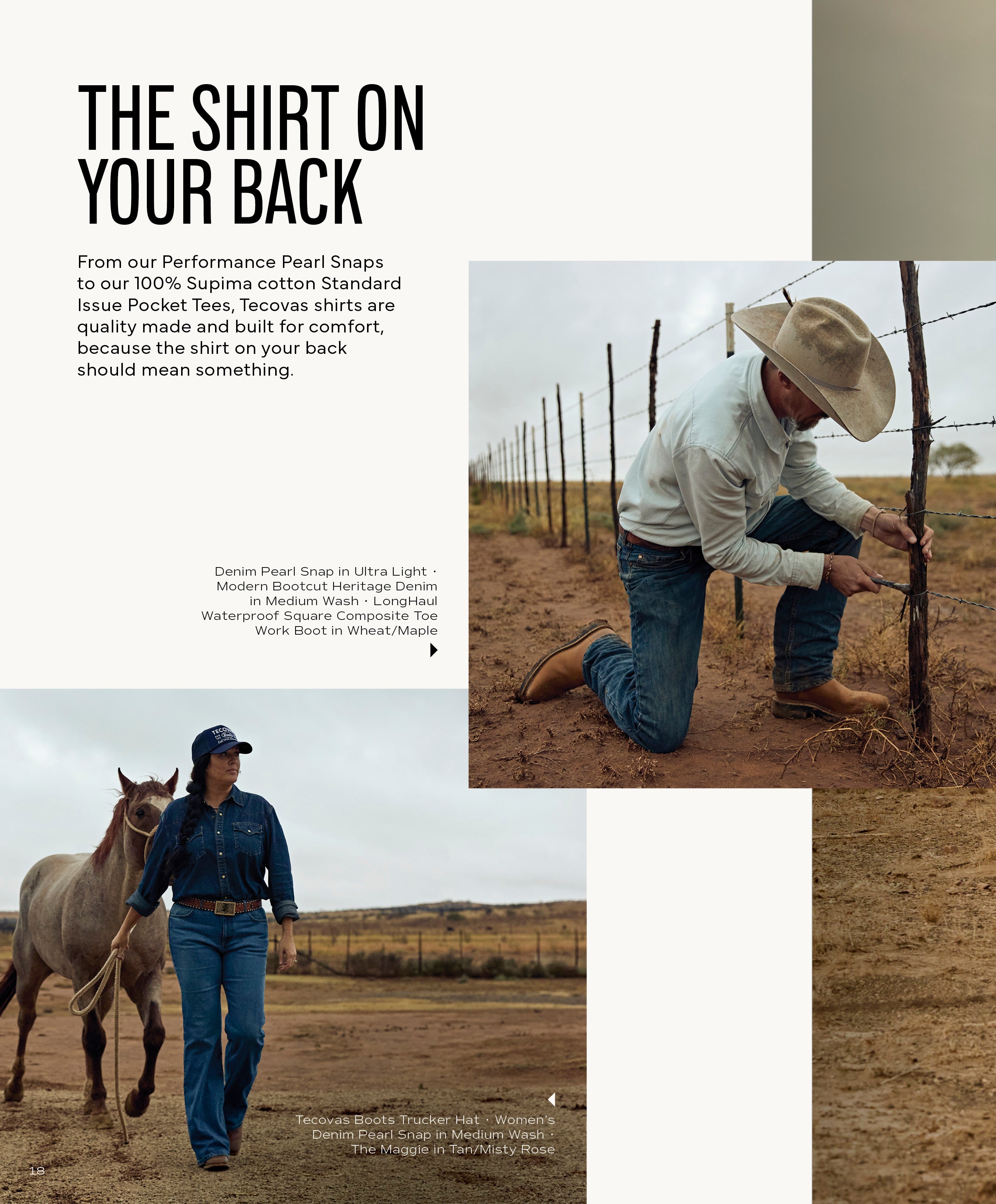 A photo spread about shirts: a man in a wide-brimmed hat and Denim Pearl Snap in Ultra Light working on a barbed-wire fence; below, a woman in a Women's Denim Pearl Snap in Medium Wash and The Maggie in Brandy/Rose boots walking a horse. Text reads: 'THE SHIRT ON YOUR BACK.'