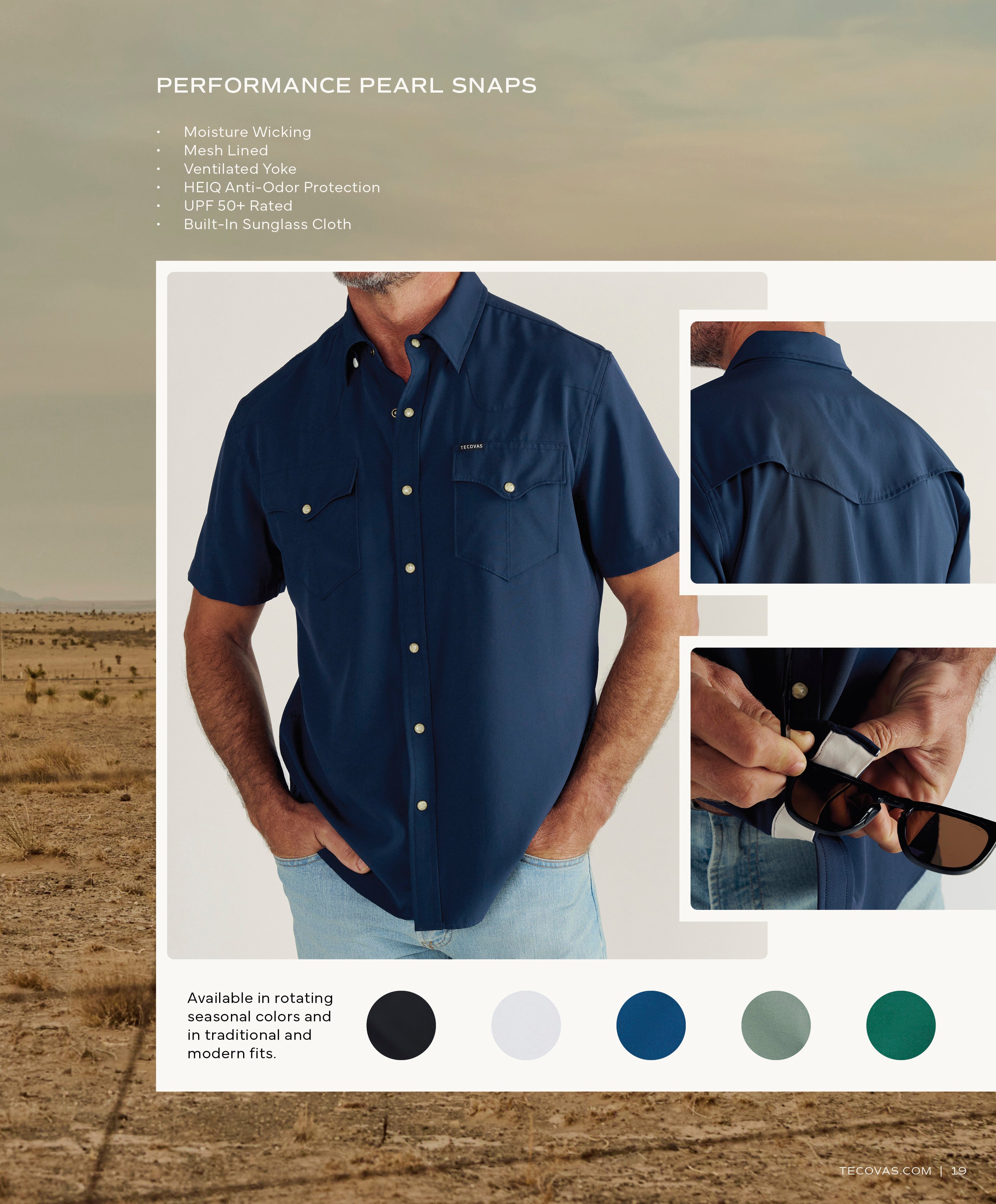 A man modeling a Performance Pearl Snap short-sleeve shirt in navy, with close-ups highlighting the vented yoke and built-in sunglass cloth; text lists features like Moisture Wicking and UPF 50+ Rated.