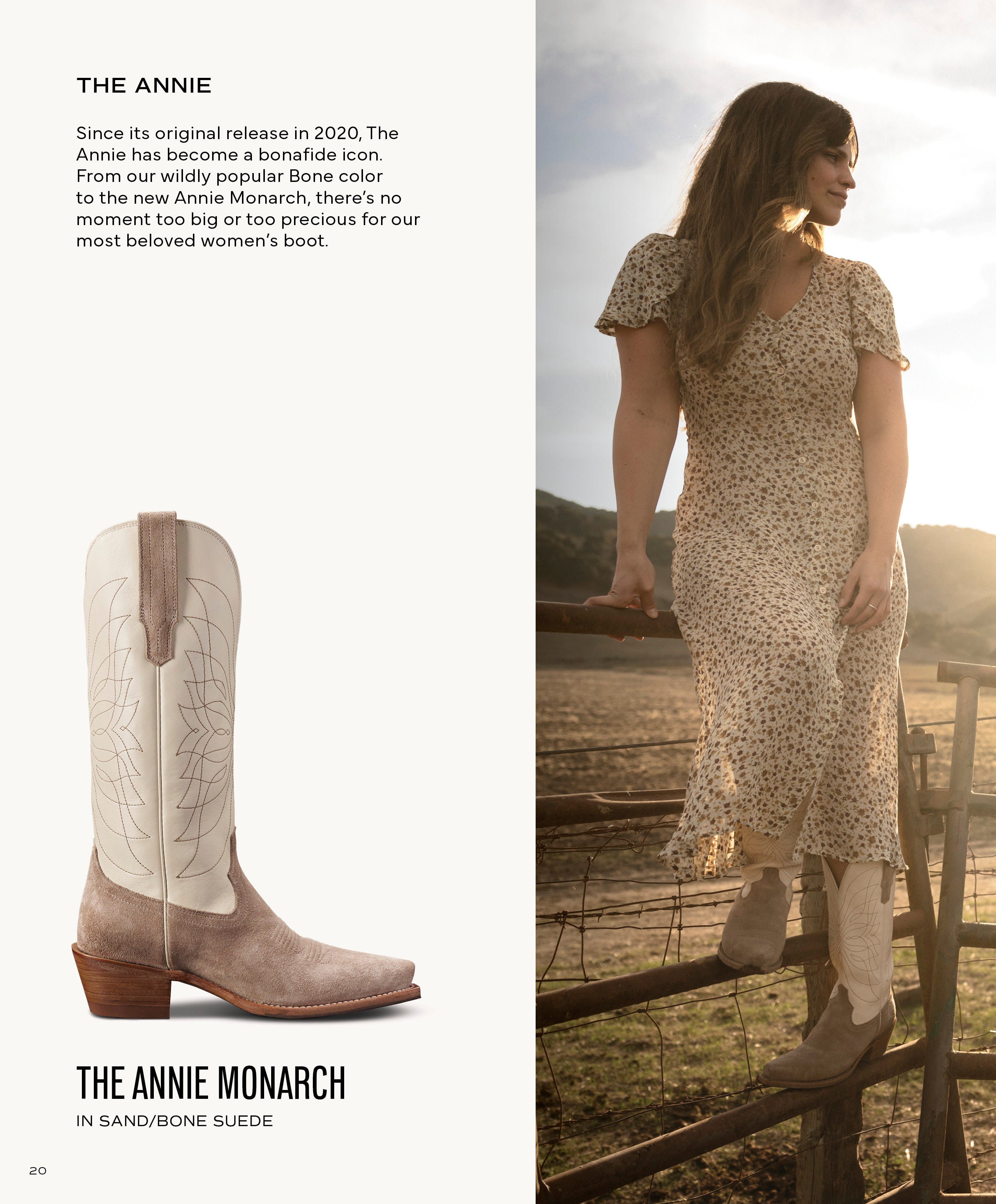 A split image featuring The Annie Monarch boot in Sand/Bone Suede; right side shows a woman in a floral dress wearing the same boots while standing on a wooden fence at sunset.