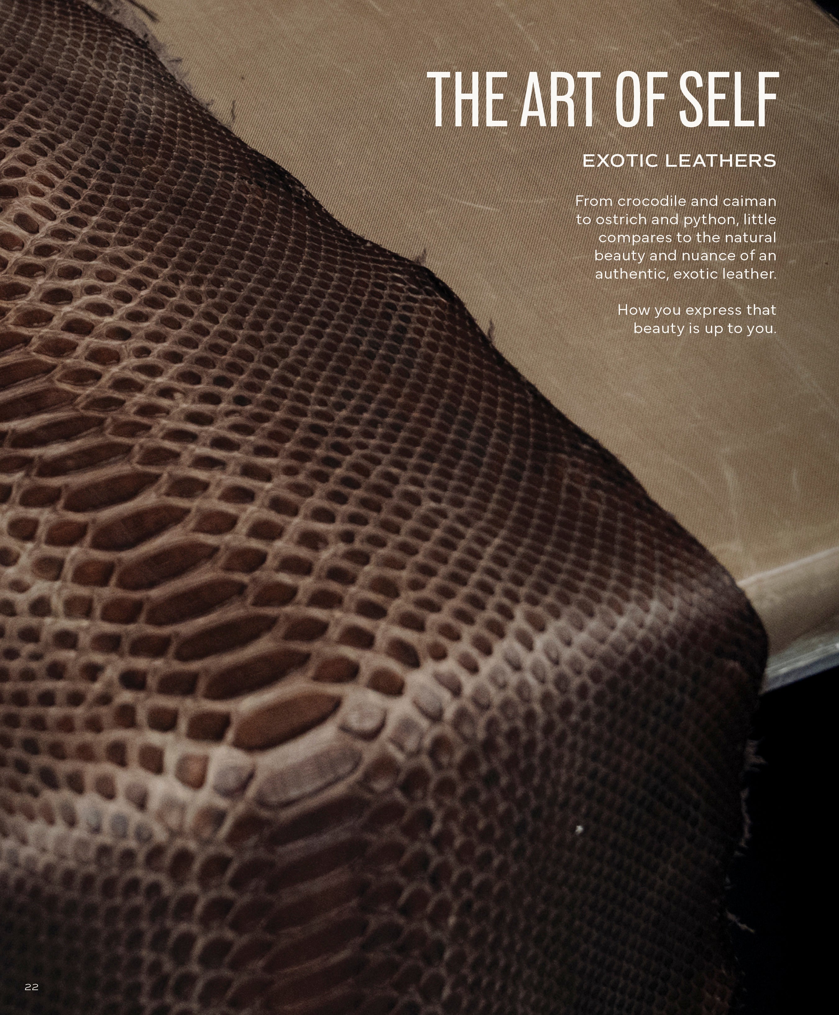 A detailed close-up of a textured, brown, exotic leather hide, likely crocodile or python. Text introduces "THE ART OF SELF EXOTIC LEATHERS."