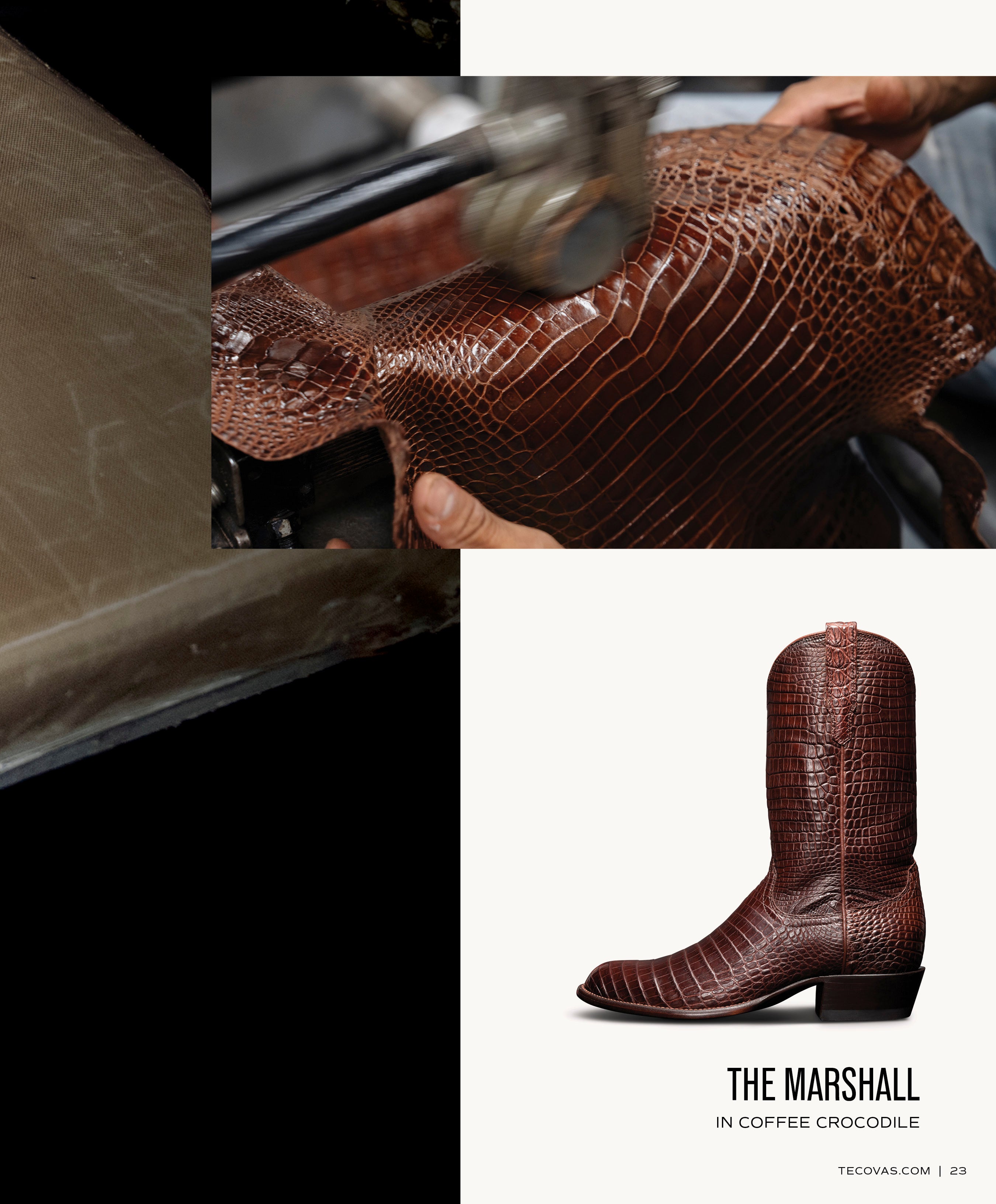 The Marshall boot in a rich, reddish-brown Coffee Crocodile texture, contrasted with a close-up above of hands pressing and finishing a piece of exotic leather hide.