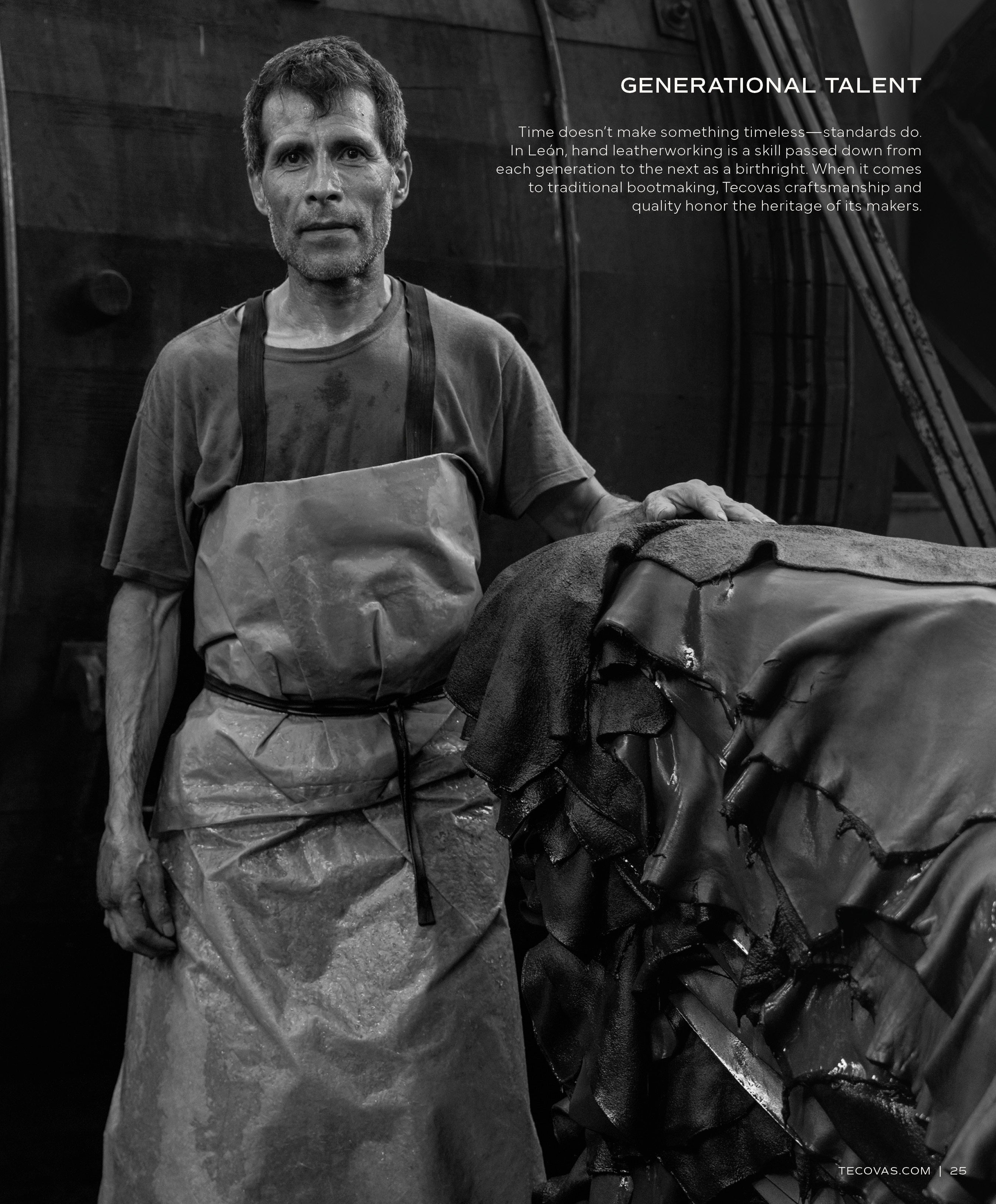 A black and white portrait of a master shoemaker or leather craftsman wearing an apron, standing next to a large pile of raw leather hides. Text mentions "GENERATIONAL TALENT."