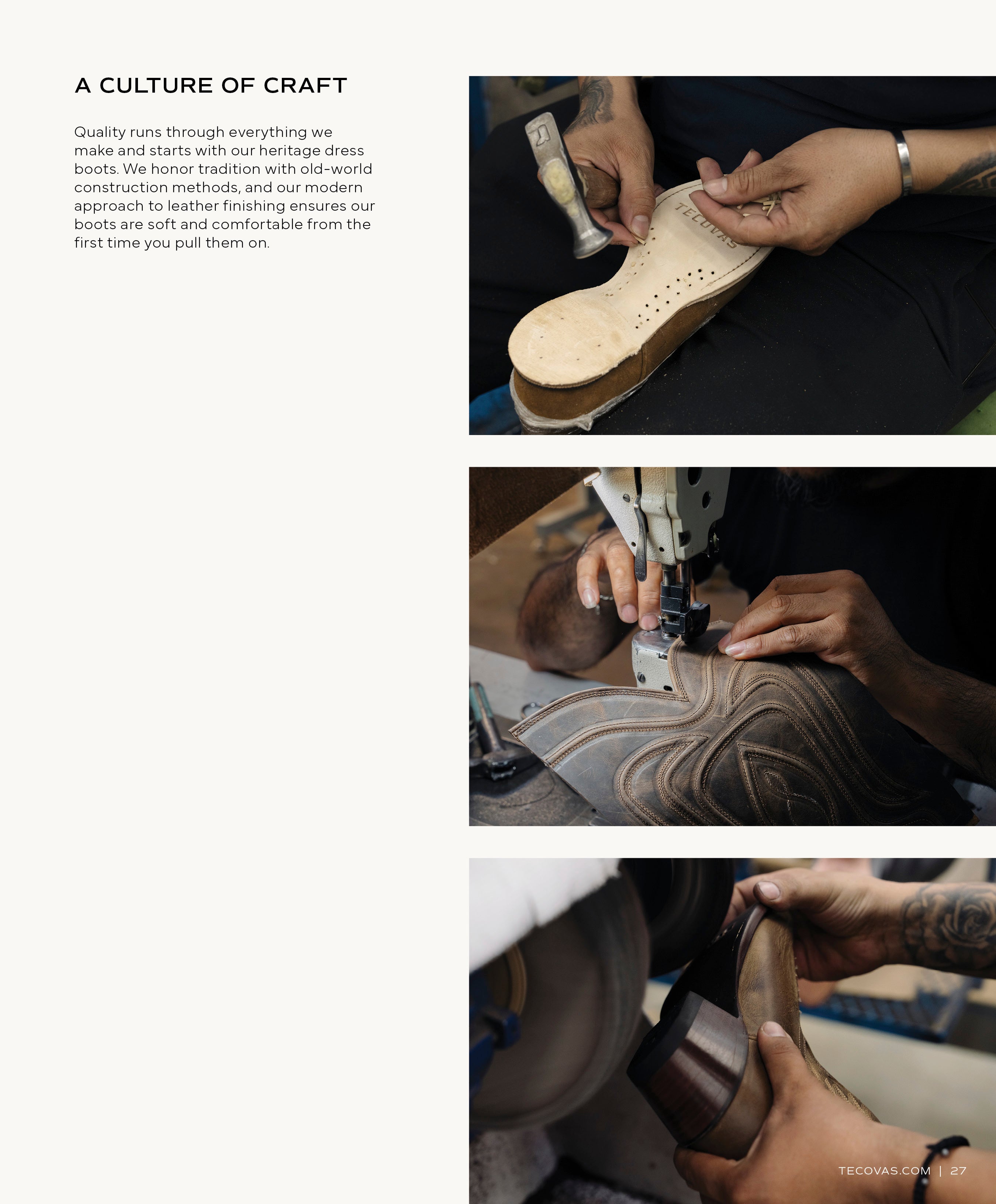 A collage of three close-up shots of artisanal boot-making: hands working a leather insole with a lemonwood peg, a boot being stitched on a sewing machine, and final heel polishing. Header reads: "A CULTURE OF CRAFT."