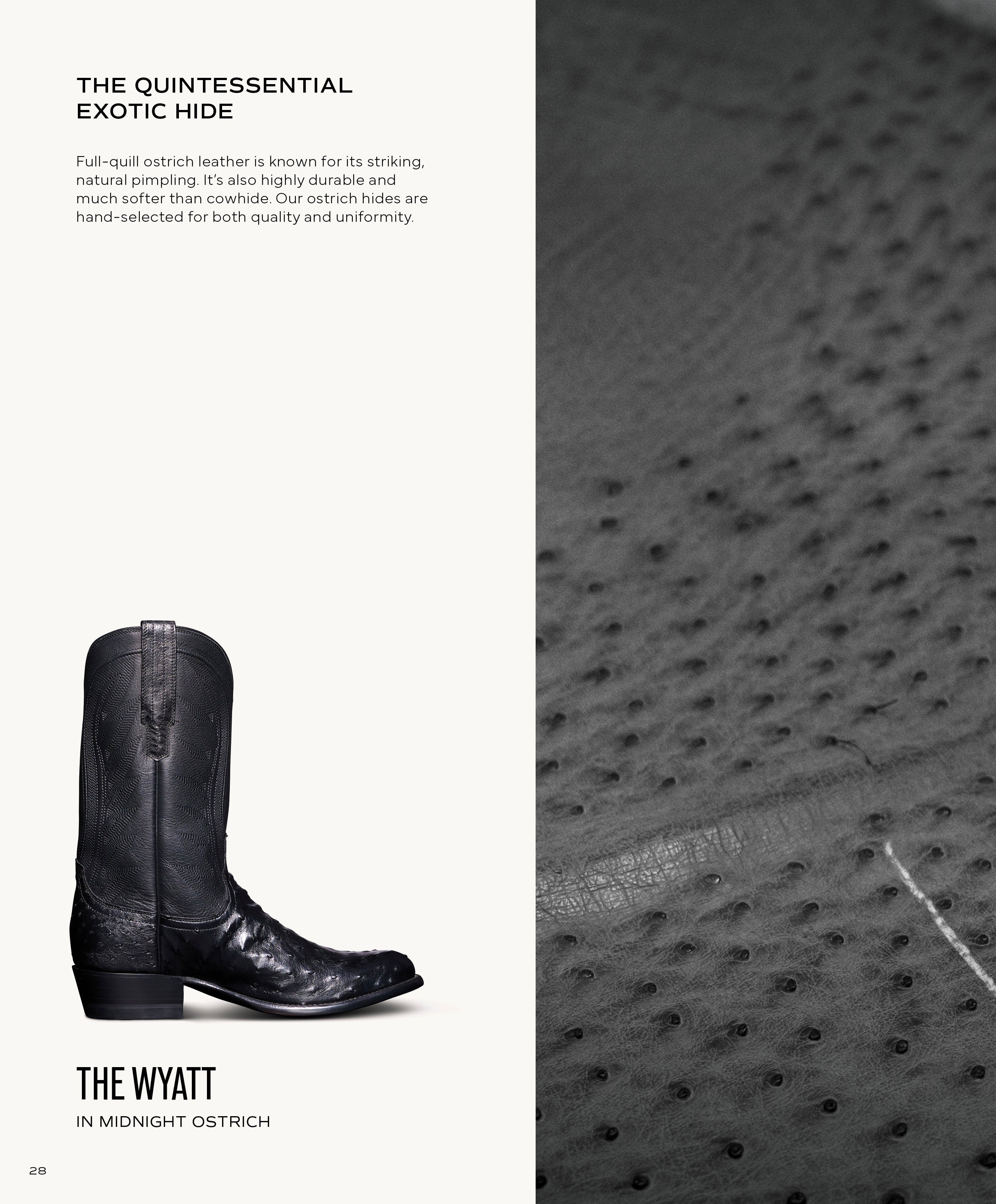A profile of The Wyatt boot in Midnight Ostrich leather next to a detailed black and white close-up showing the distinctive full-quill texture of ostrich hide. Text introduces "THE QUINTESSENTIAL EXOTIC HIDE."