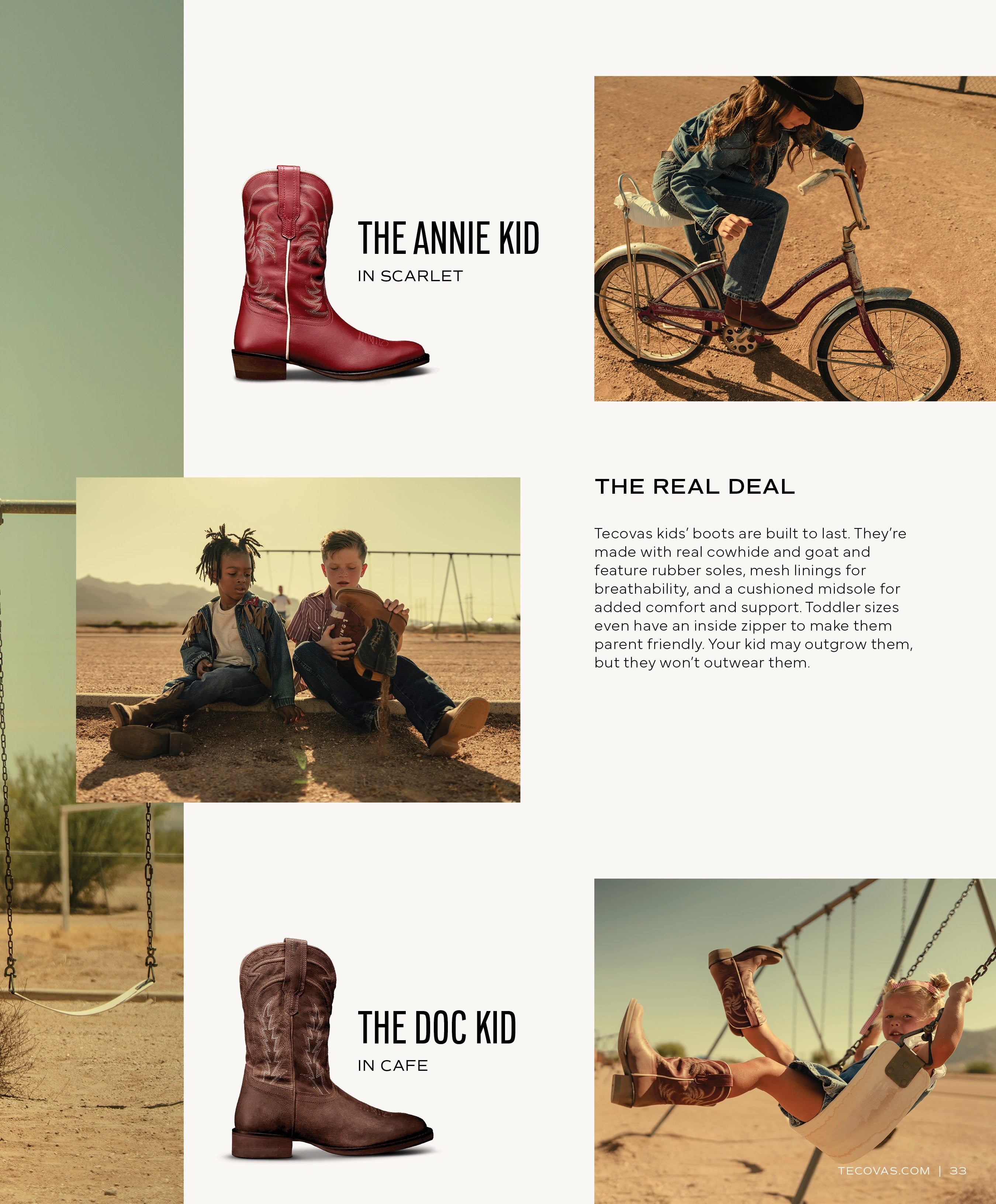 A split image of Tecovas Kids boots: THE ANNIE KID IN SCARLET and THE DOC KID IN CAFE, surrounded by children playing outside—one riding a bicycle and others sitting on the ground—each wearing cowboy boots.