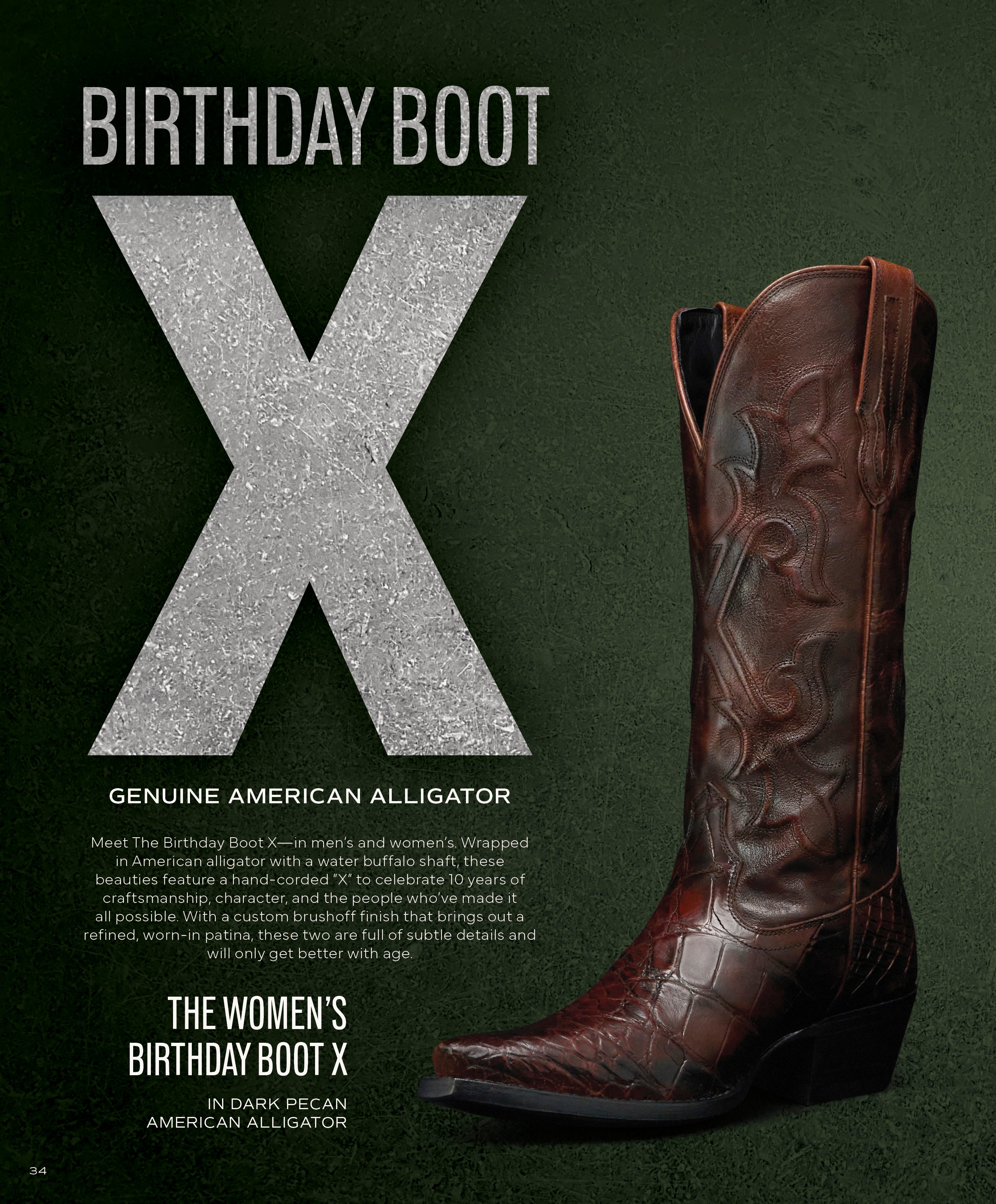 A close-up of a tall, richly textured dark brown women's cowboy boot, THE WOMEN'S BIRTHDAY BOOT X IN DARK PECAN AMERICAN ALLIGATOR, with a large silver 'X' overlay and text celebrating the 10-year milestone.