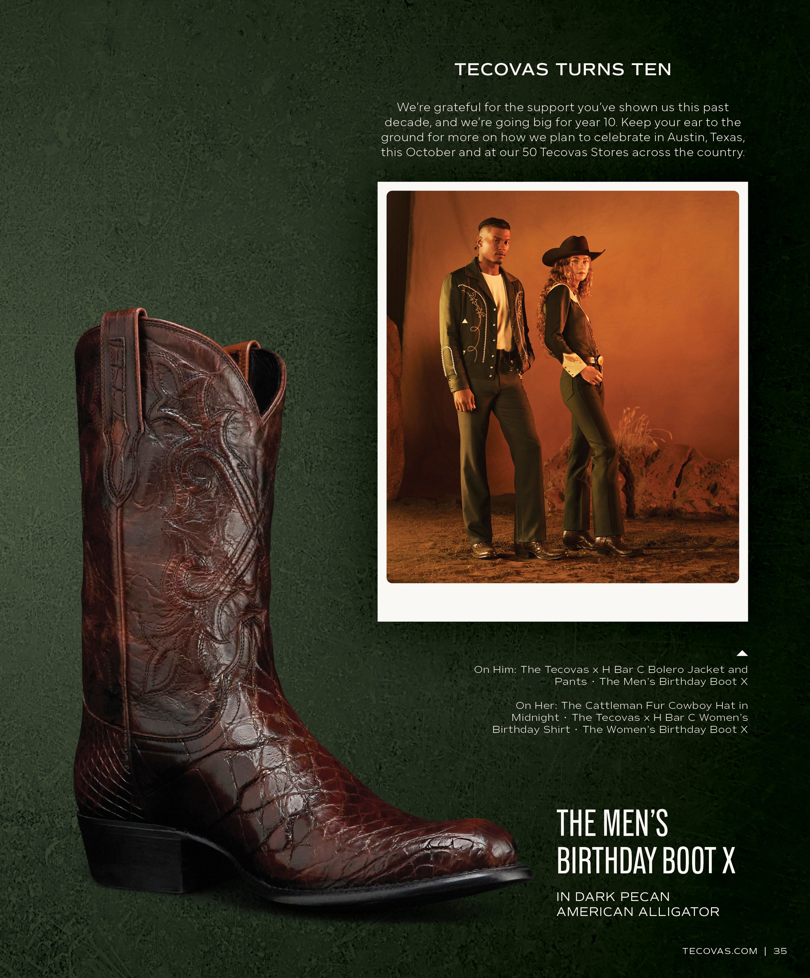 A large dark pecan brown American Alligator cowboy boot, THE MEN'S BIRTHDAY BOOT X, beside a framed photo of a couple in matching Birthday Boot X outfits, celebrating Tecovas' tenth anniversary.