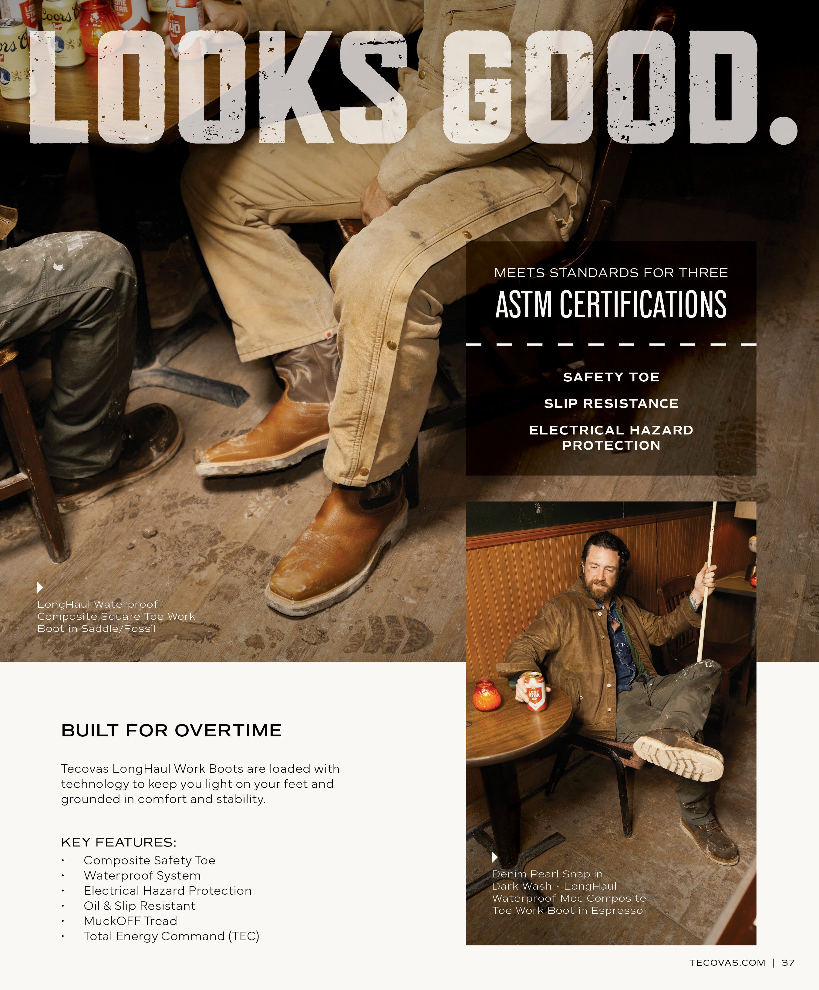 A collage of men wearing Tecovas Longhaul Waterproof Composite Toe Work Boots; one sits at a table with a drink, and a close-up shows three pairs of boots on a worn floor. Text notes ASTM certifications for Safety Toe, Slip Resistance, and Electrical Hazard Protection.