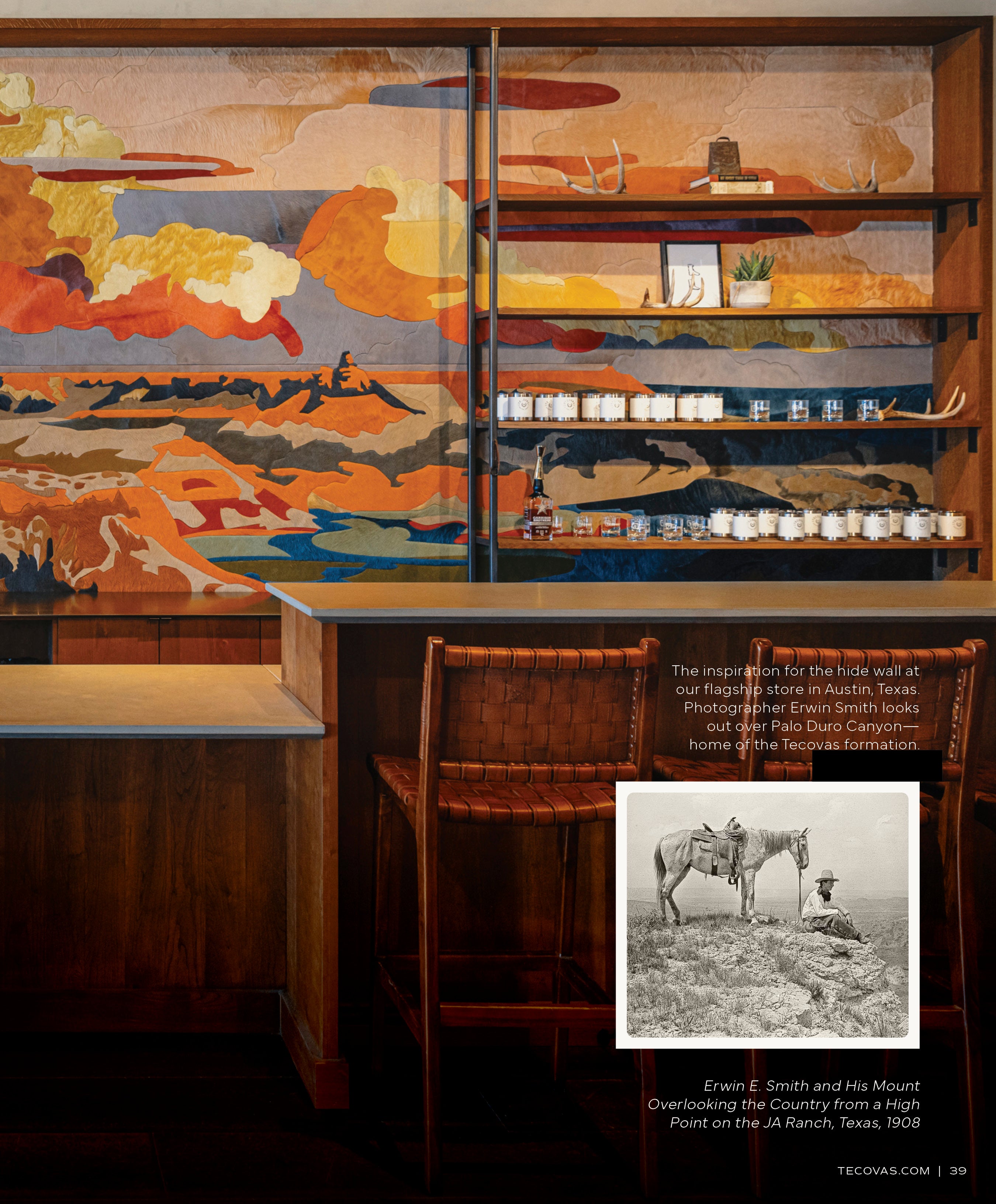 Interior of a Tecovas store bar area with leather stools and wooden shelving displaying small goods, set before a large Western mural or tapestry. Inset shows a 1908 black-and-white photo of a cowboy on the JA Ranch.