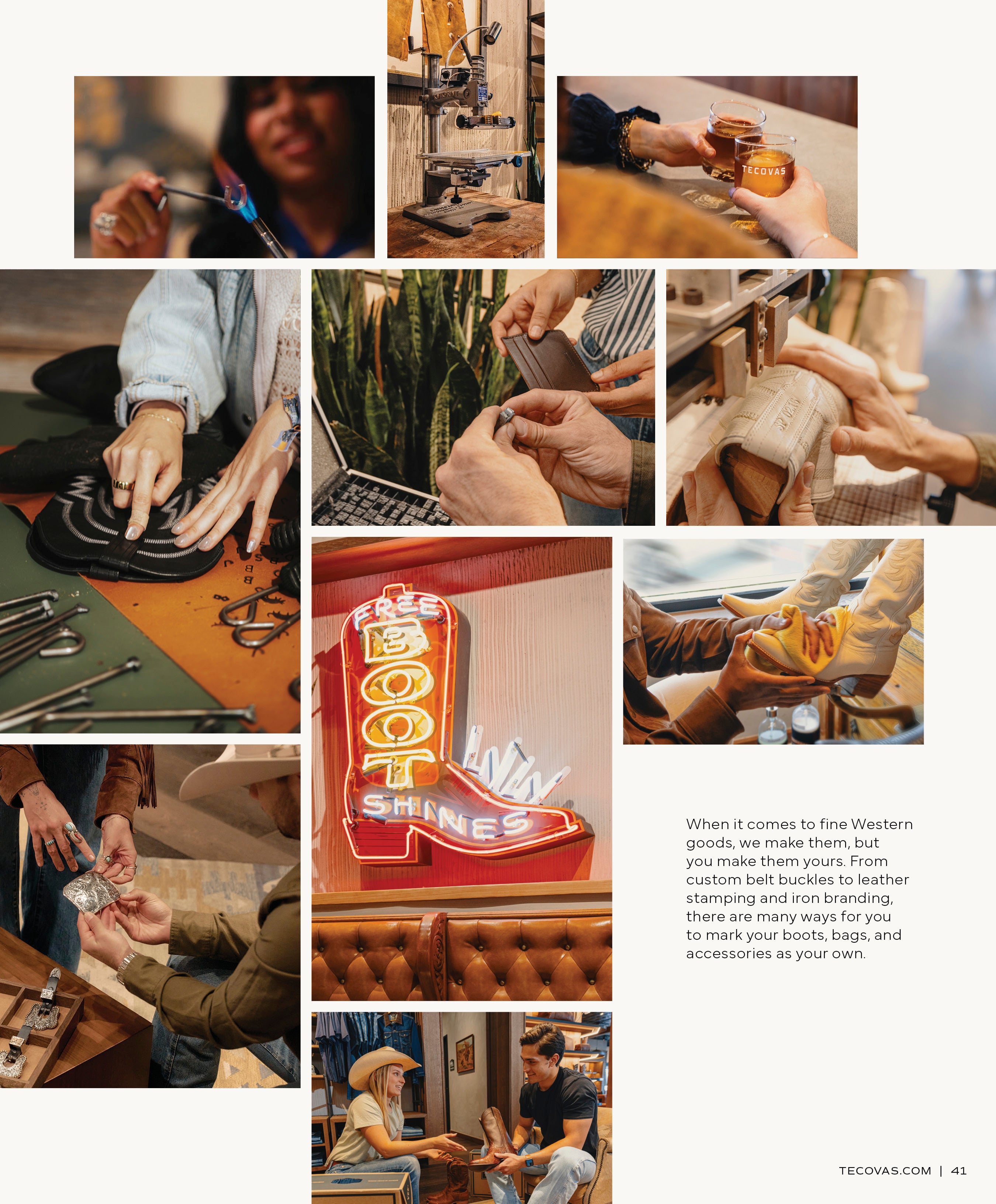 A large photo collage of the Tecovas retail experience and customization: hands working on a boot, people sharing a drink, custom stamping a leather patch, a neon sign reading FREE BOOT SHINES, hands fitting a customer for accessories, and a man driving.