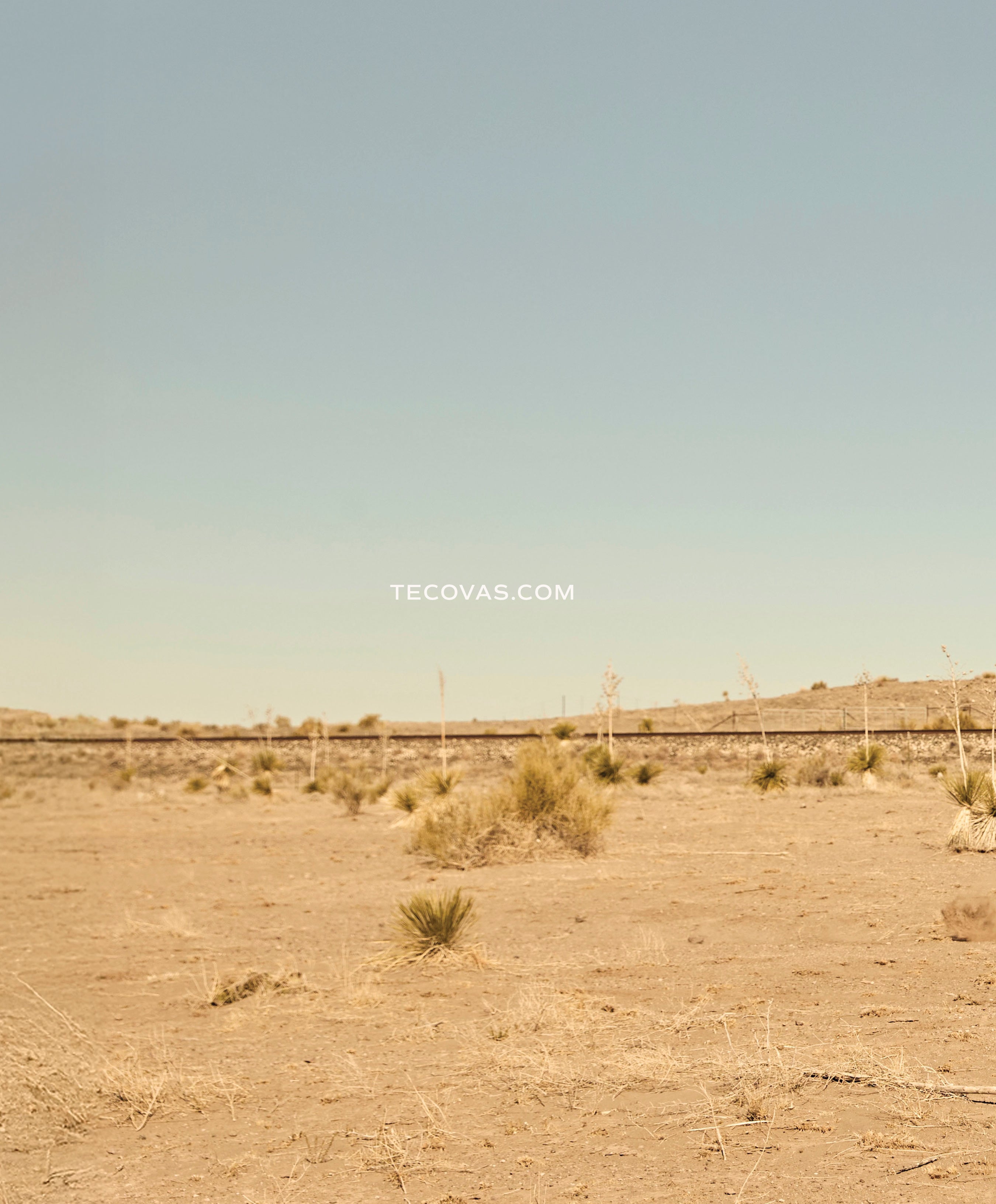 A wide, sun-drenched landscape of a dry prairie or desert with sparse scrub brush and a railroad track running across the middle ground. The website TECOVAS.COM is centered in the sky.