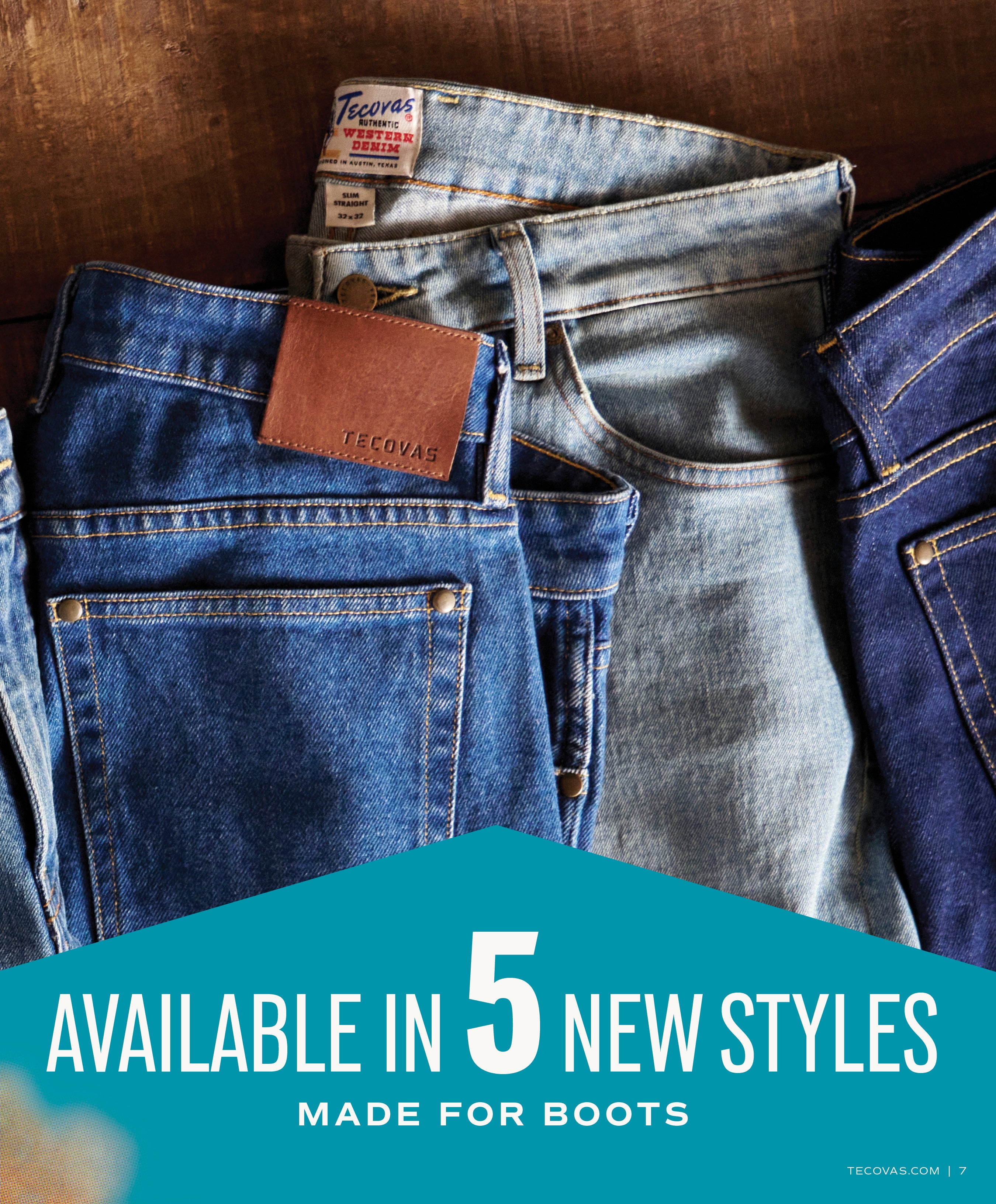 A stack of four pairs of different washed denim jeans, showing the back pockets and leather Tecovas patches. Large text overlay reads: AVAILABLE IN 5 NEW STYLES MADE FOR BOOTS.