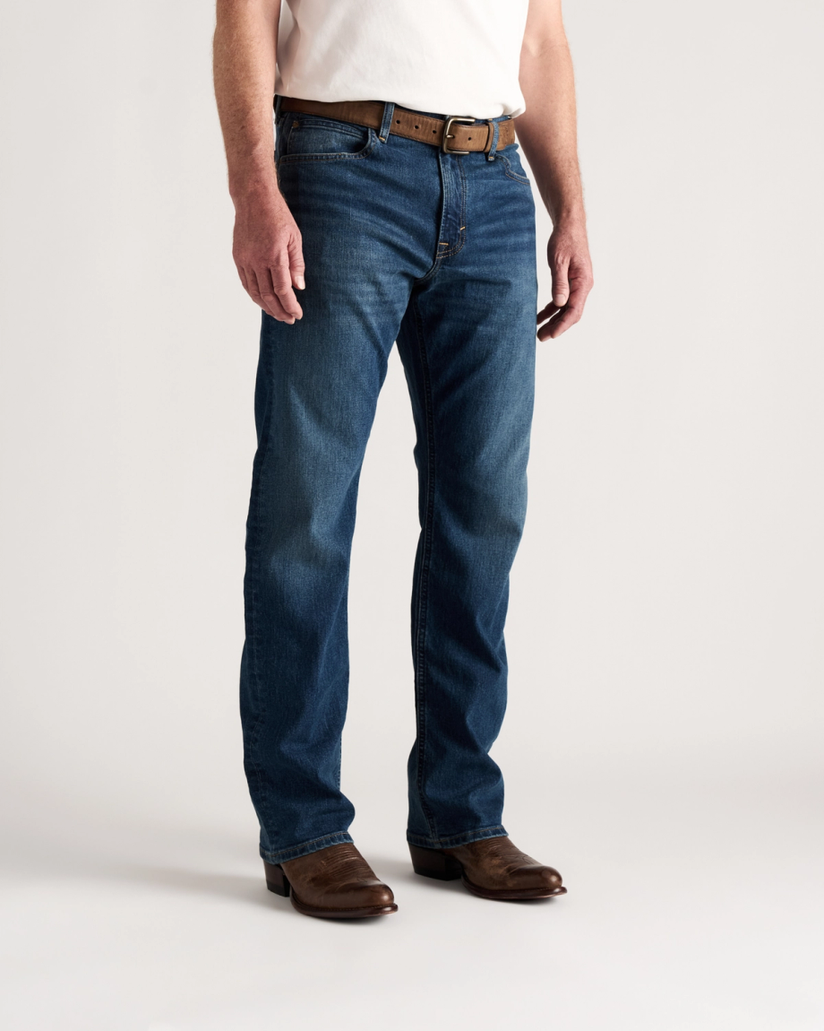Front view of Men's Straight Stretch Denim - Medium Dark on model