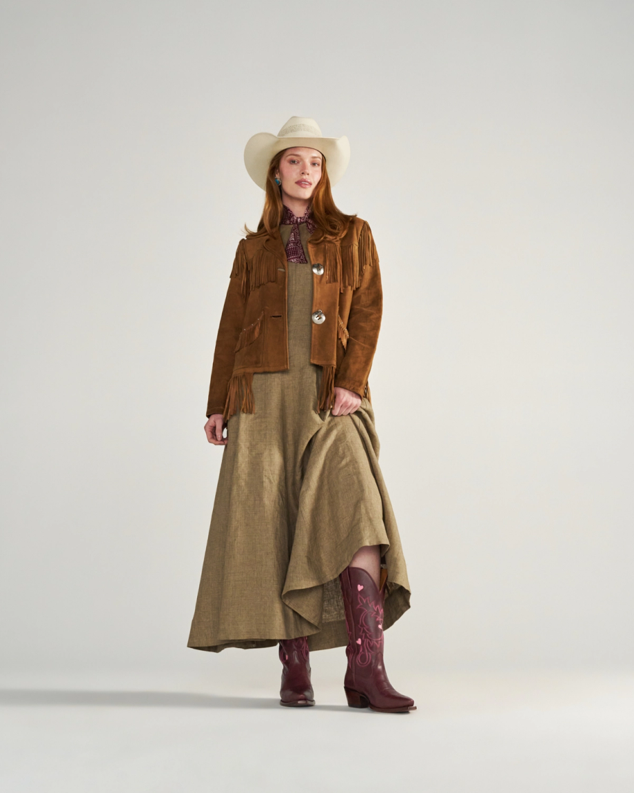Full view of The Annie Hearts - Wine Cowhide on model