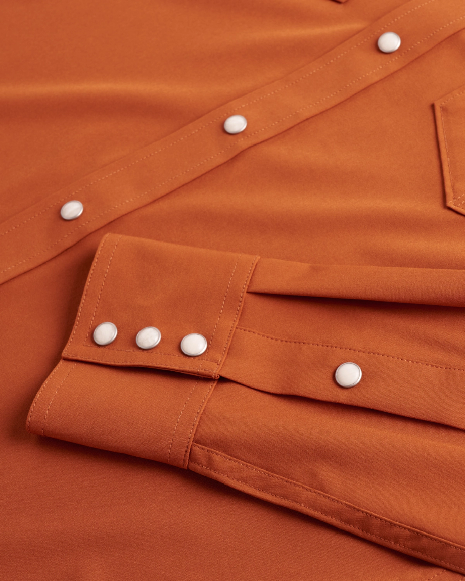 Closeup detail view of Men's Performance Western Pearl Snap - Burnt Orange