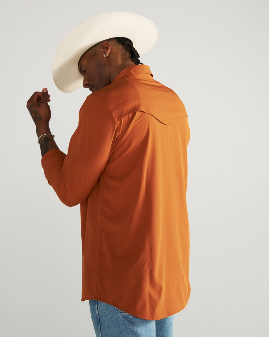 Closeup detail view of Men's Performance Western Pearl Snap - Burnt Orange