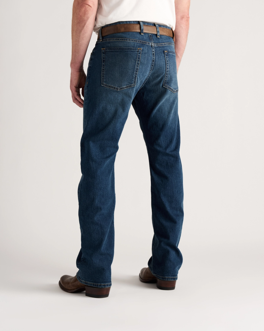 Back view of Men's Straight Stretch Denim - Medium Dark on model