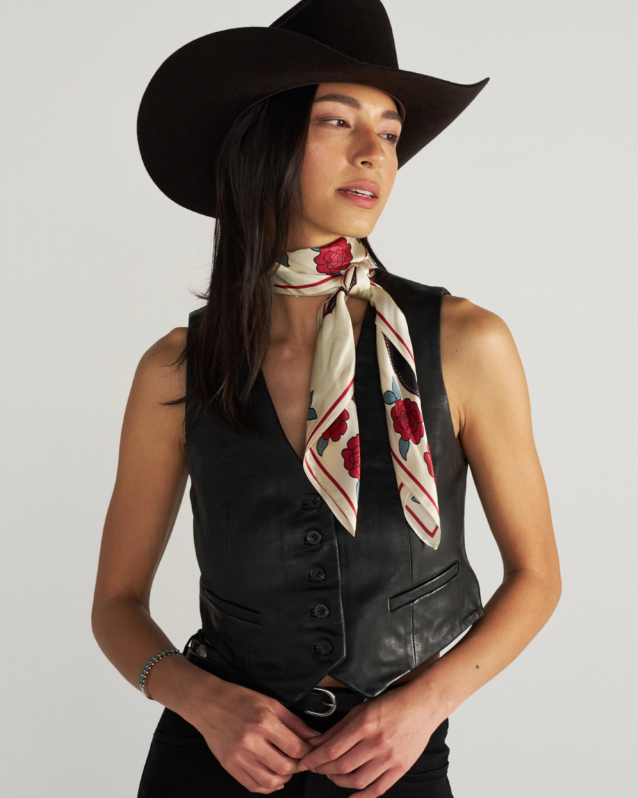 Front view of Horseshoes and Roses Wild Rag - Multi on model