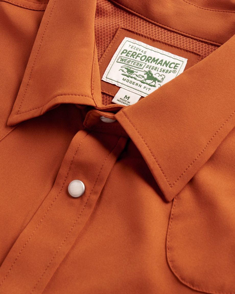 Closeup detail view of Men's Performance Western Pearl Snap - Burnt Orange