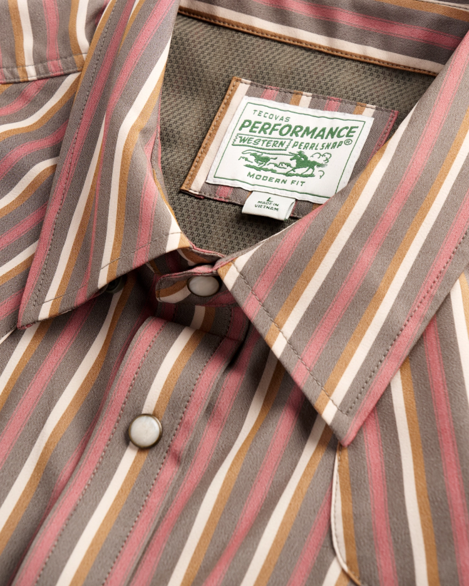 Closeup detail view of Men's Performance Western Pearl Snap - Smokey Olive/Multi