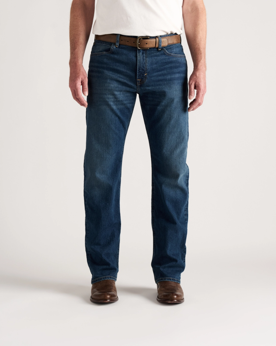 Front view of Men's Straight Stretch Denim - Medium Dark on model