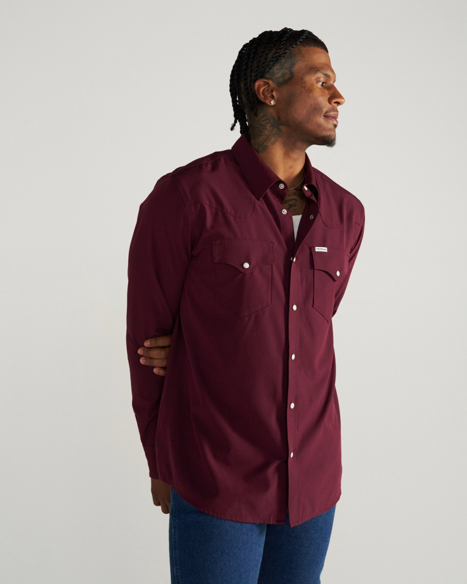 Closeup detail view of Men's Performance Western Pearl Snap - Maroon