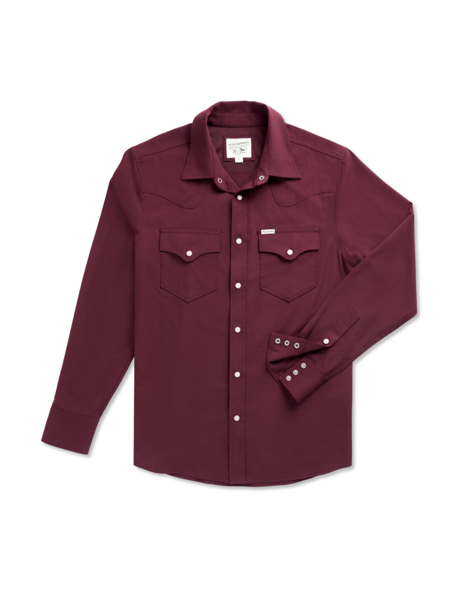 Closeup detail view of Men's Performance Western Pearl Snap - Maroon