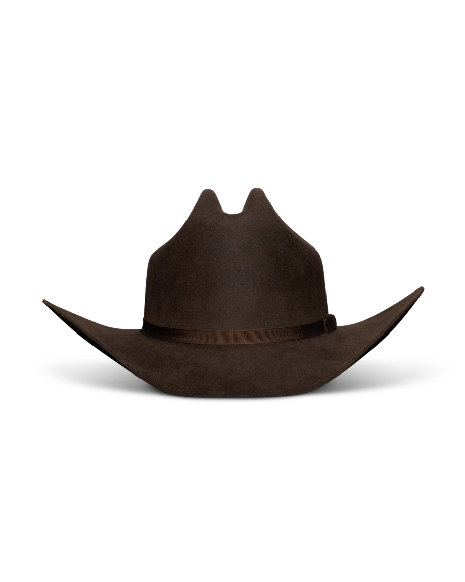 A brown cowboy hat with a wide, upturned brim and a ribbon band, shown against a plain white background.