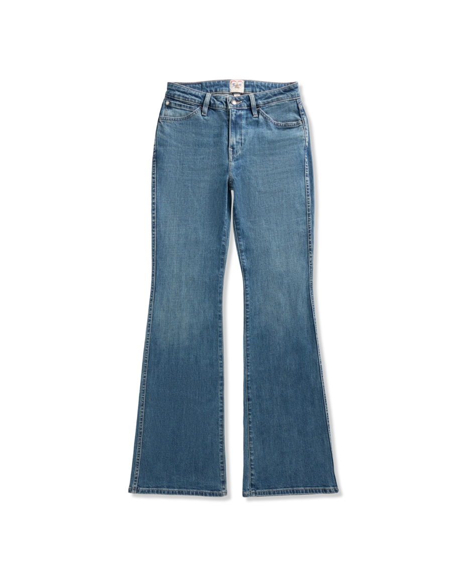 Front view of Women's Mid-Rise Slim Flare - Medium Wash on plain background